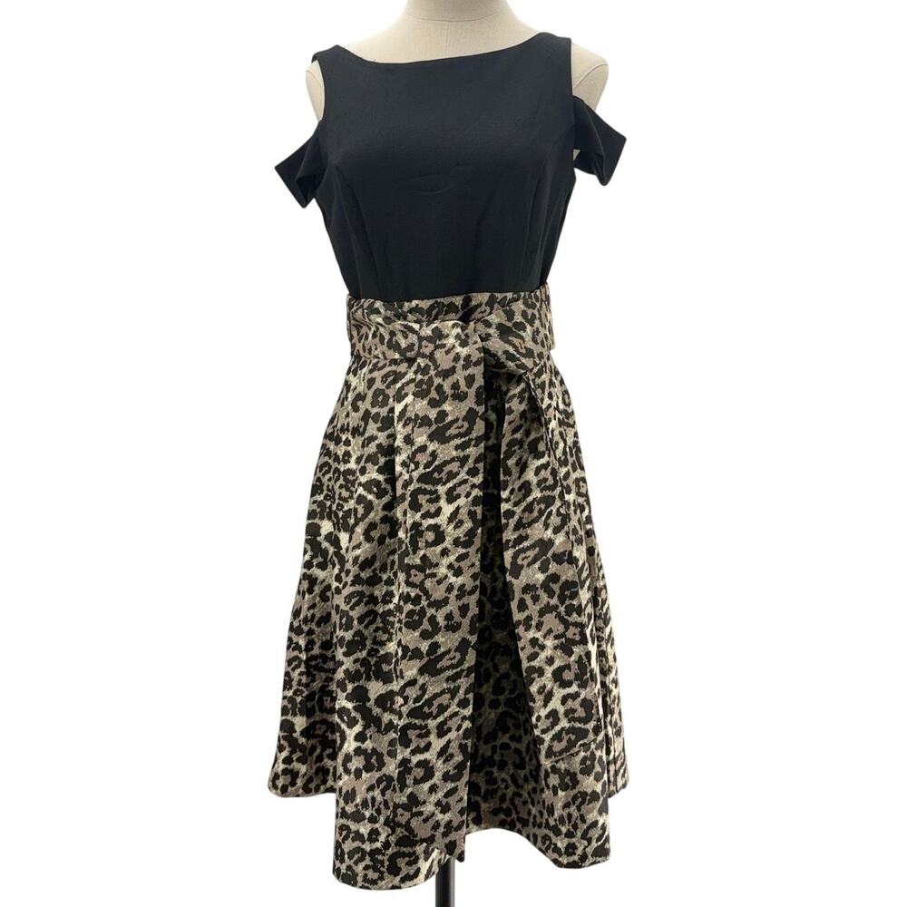 Black Leopard Fit and Flare Dress Cold Shoulder Sleeve Women's 4 Eliza
